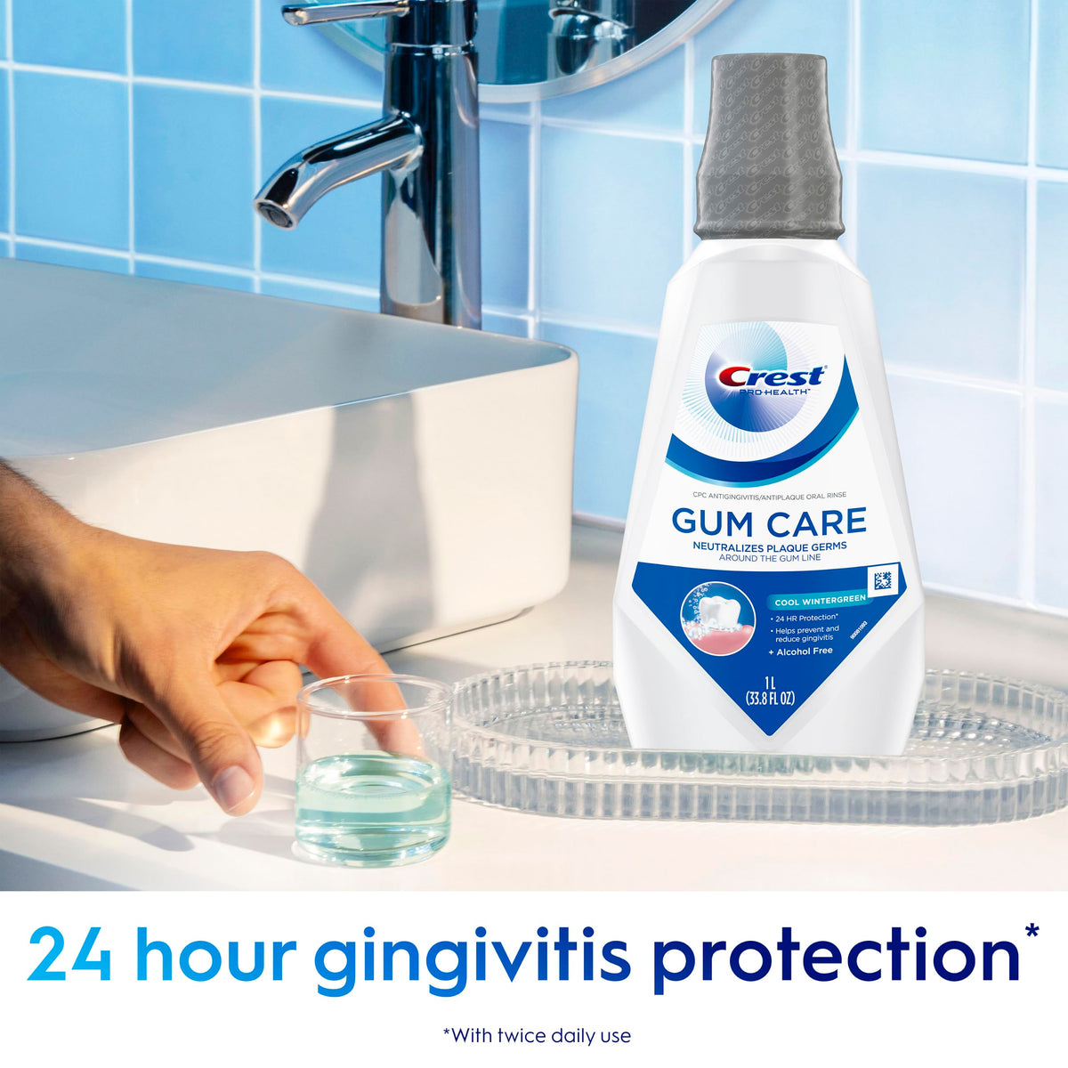 Crest Gum Care Mouthwash, Cool Wintergreen, CPC Antigingivitis/Antiplaque Oral Rinse 1L (33.8 fl oz), Pack of 2, Alcohol Free for Adults