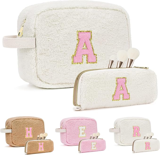 ibeacos for Valentines Day Gifts, Travel Makeup Bag for Women, Initial Make Up Bag Set for 6 7 8 9 10 11 12 13 Years Old Kids Tween Girls, Large Cosmetic Skincare Bags for Birthday Gifts, White A