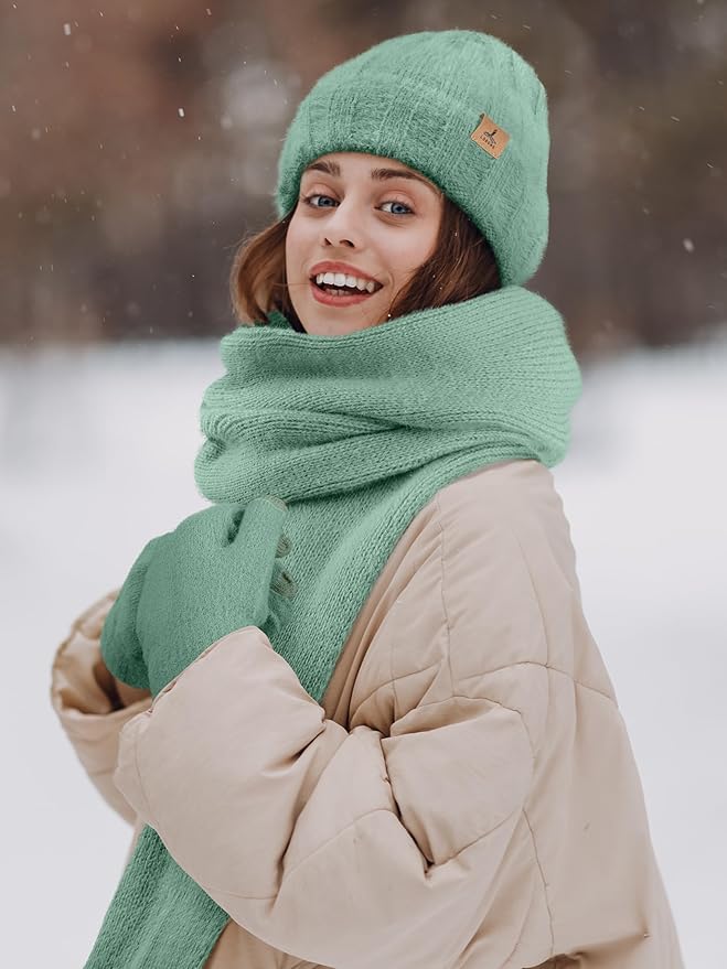 LOROME Winter Beanie Hat Gloves Scarf, Cashmere Hat Gloves Scarf Set Women