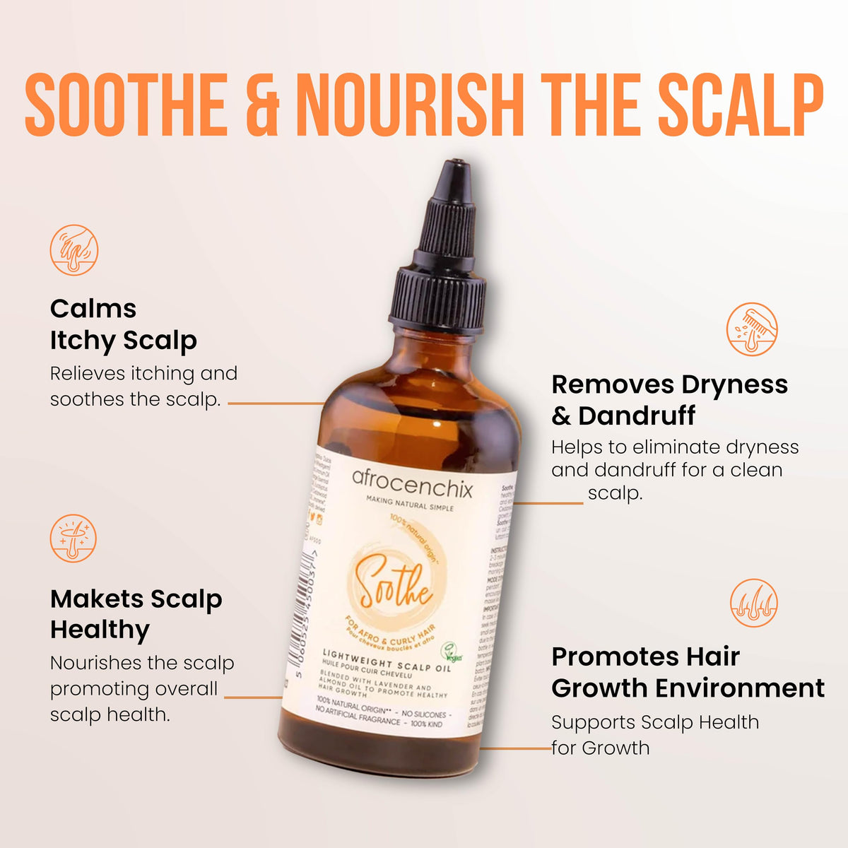 Afrocenchix Soothe Scalp Oil – Growth Oil Treatment for Afro & Curly Hair – Itchy Scalp Relief, Moisture, Vegan – 100ml