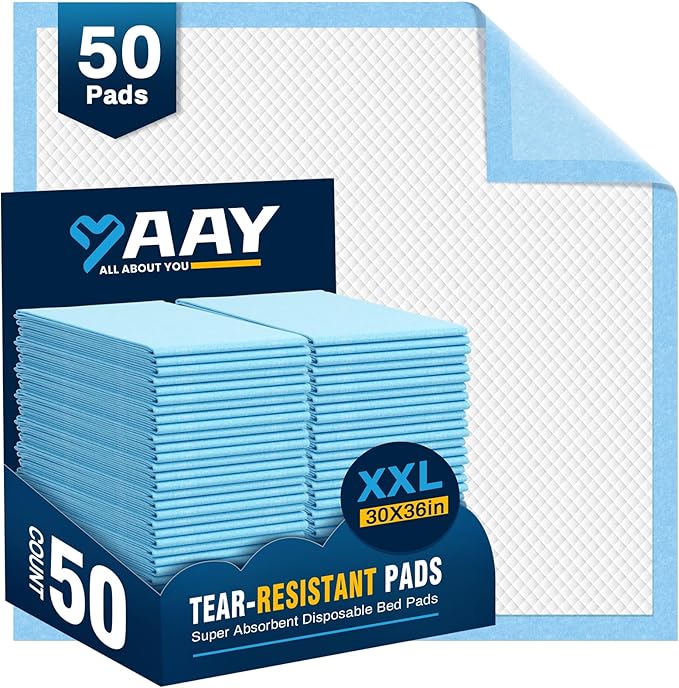 AAY Disposable Bed Pads 30"X36" 50pcs, Tear-Resistant Underpads