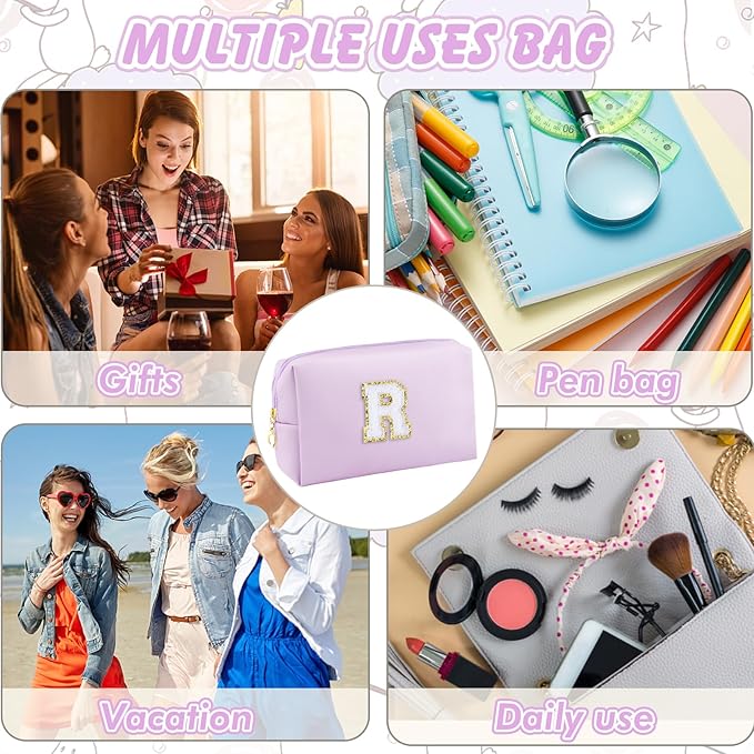 URSKYTOUS Gifts for Girls Initial Makeup Bag Personalized Cosmetic Bag with Zipper Cute Travel Toiletry Bag Waterproof PU Preppy Makeup Pouch Birthday Gift for Teen Girls Women(Purple R)
