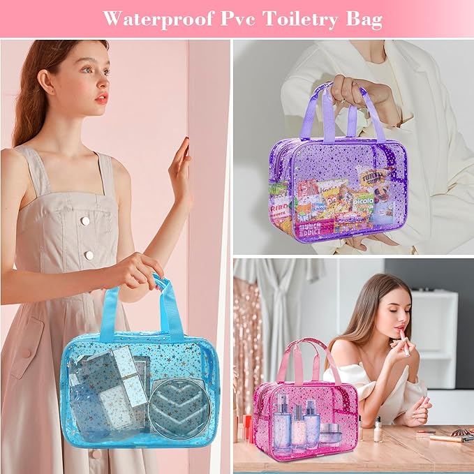 Clear Purple Star Large Makeup Bag with Star Pattern 12x5x8 inch, Travel Cosmetic Bag with Handle, Durable PVC Material Washbag Zipper Opening Design for Makeup Travel Organizer or Gym Use