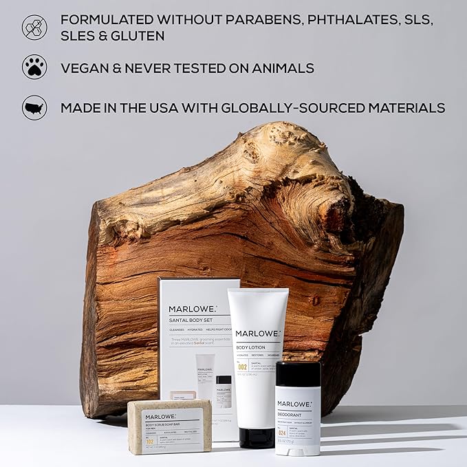 MARLOWE. Men's Santal Body Gift Set, Scrub Soap, Deodorant + Lotion