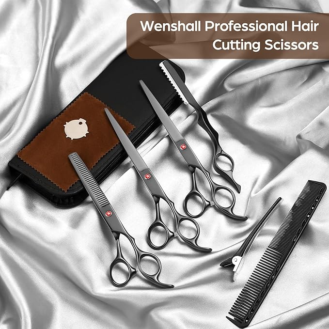 Wenshall Professional Hair Cutting Scissors Japanese 440C Stainless Steel 7.8 Inch Straight Thinnin Shears Tools for Mother Father Friends' Christmas Gift, Black