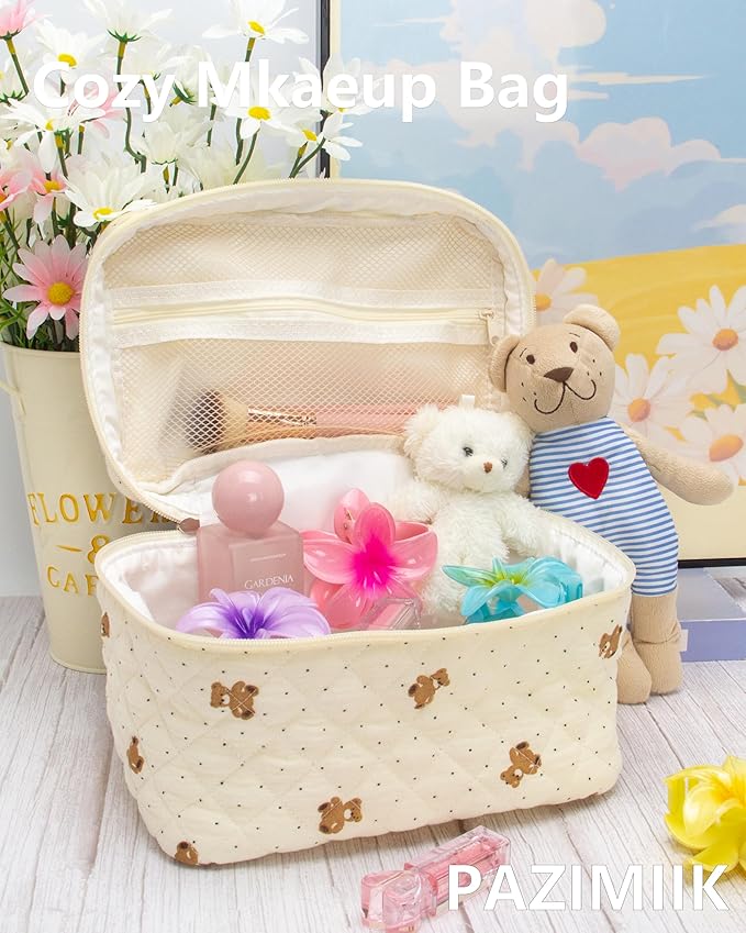 3 Piece Quilted Makeup Bag Set for Women,Cosmetic&Toiletry Bag,Gauze Bear