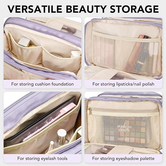 HauteHues Travel Makeup Bag Women's Large Capacity Cosmetic Portable Organizer Large Opening Waterproof Storage Toiletry Bags Vertical Free-Standing Brush Holder for Easy Access Purple