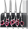 TINMARDA Dog Grooming Kit, Professional Stainless Steel Dog Grooming Scissors with Curved Shears, Pink Finger Rings - 5 Piece Sharp Durable Pet Shears for Dogs Cats At Home Salon-Quality Grooming