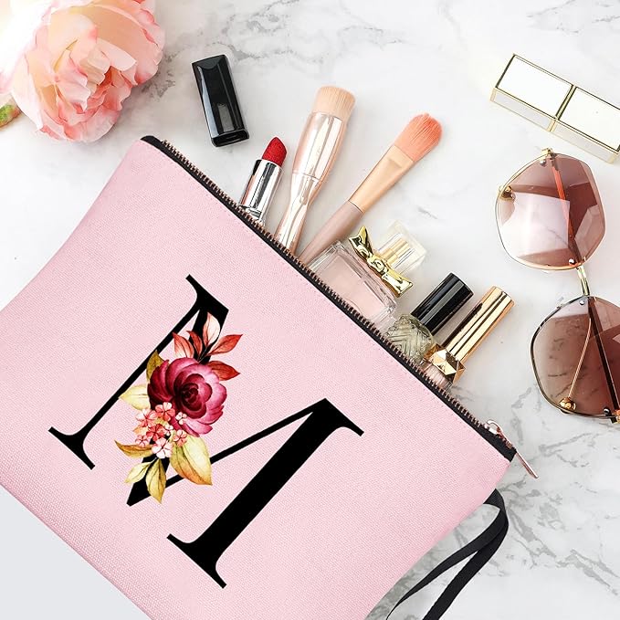 Vavabox A-Z Personalized Makeup Bag, Birthday Gifts for Women Mom, Gifts for Best Friend, Bride Bridesmaid Cosmetic bag (M, 06-Pink)