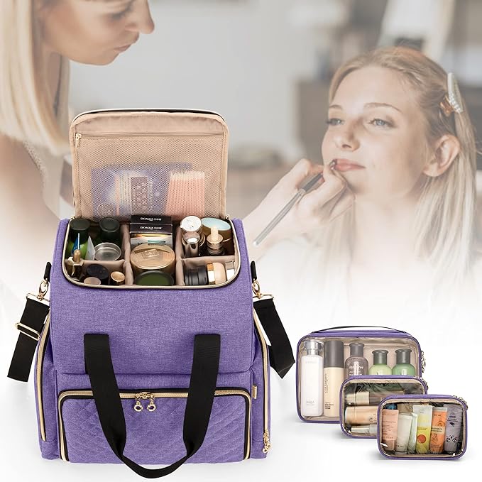 LUXJA Large Travel Makeup Bag with 3 Removable Makeup Cases, Purple