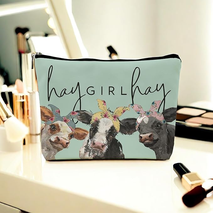 NEGIGA Cow Print Stuff,Cow Makeup Bag,Cow Gifts,Western Makeup Bag,Makeup Bags For Women,Cow Print(Green Pu Leather Cosmetic Bag)