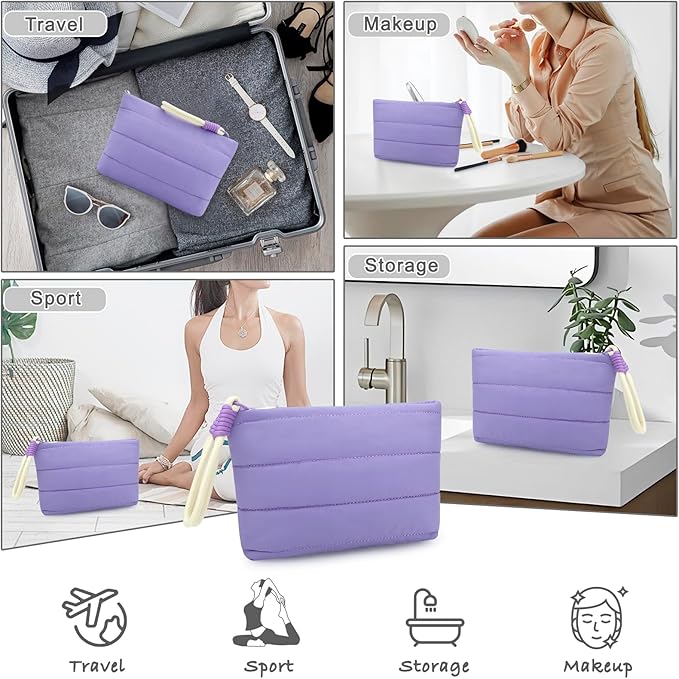 DOB SECHS Striped Quilted Makeup Bag with Wristlet Handle Cute Puffy Cotton Cosmetic Bag for Women Small Puffer Toiletry Zipper Make Up Pouch Quilt Clutch Bag Travel Organizer Storage Pouches, Purple