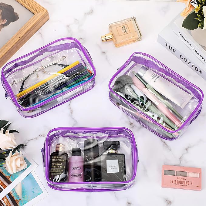 YOQIVEXU 12 Pack Clear Makeup Bag, TSA Approved Toiletry Bag Zippered Clear Cosmetic Pouch, Waterproof Vinyl Plastic Organizer Case for Travel Vacation Bathroom (Purple)