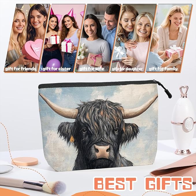 Scribesense Cosmetic Bags Travel Makeup Toilet Case Waterproof Pouch for Women Girls 6.7X9.45inches - Black Yak With Large Horns in A Flower - Filled Meadow