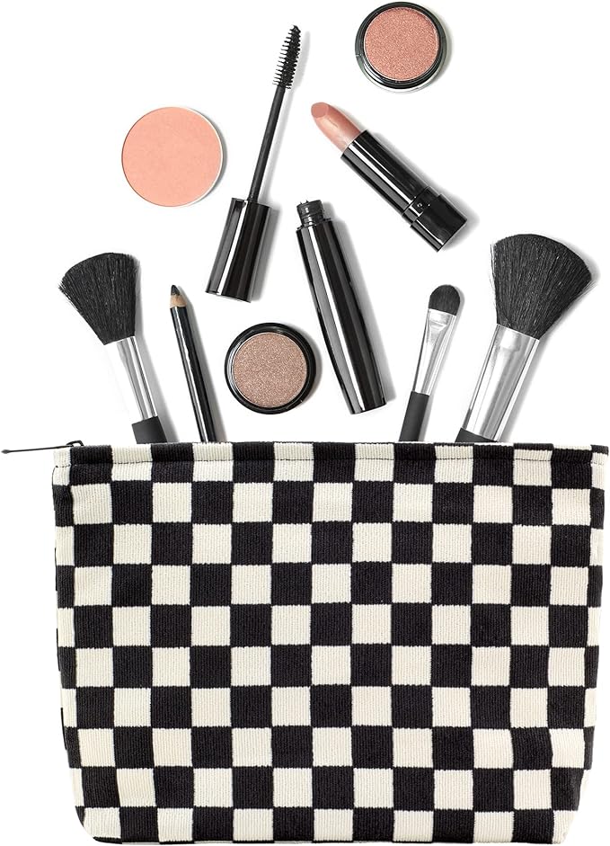 Flat Makeup Bag for Women,Zipper Cosmetic Pouch for Purse,Checkered Black