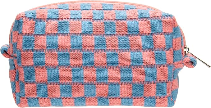 Checkered Makeup Bag for Purse, Small Travel Cosmetic Pouch,Red Blue