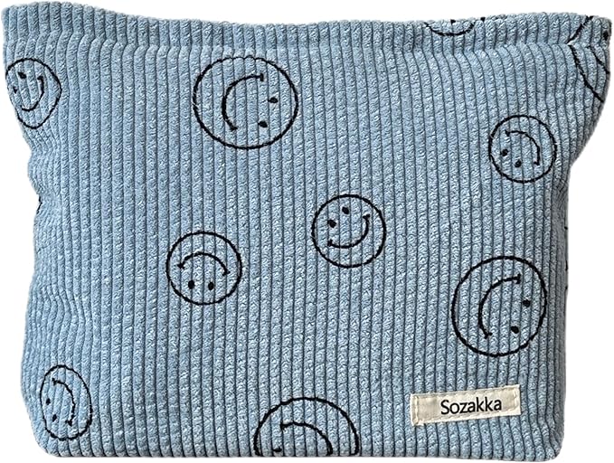 Gardsell Cosmetic Bags for Women - Corduroy Cosmetic Bag Aesthetic Women Handbags Purses Smile Dots Makeup Organizer Storage Makeup Bag Girls Case Bags (A-Blue)