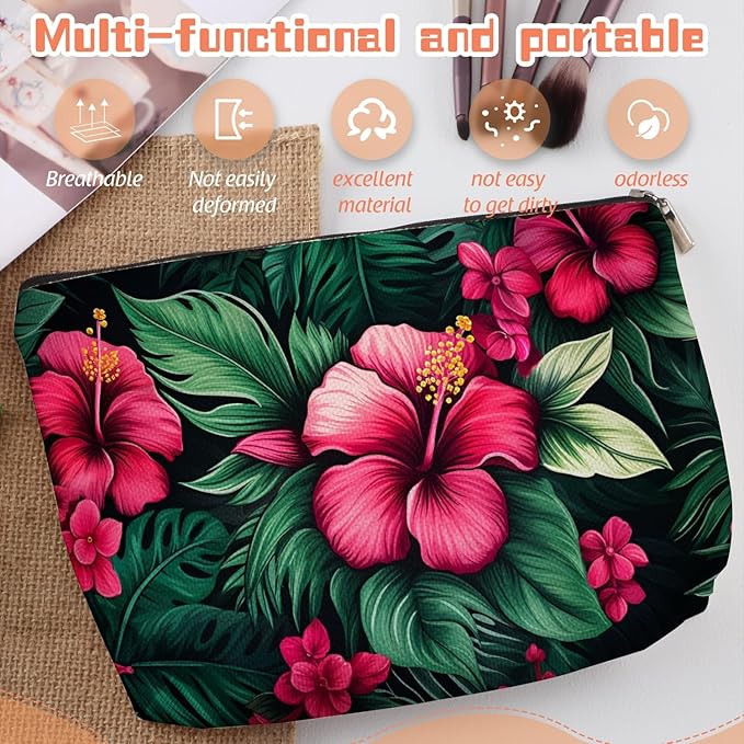 Scribesense Makeup Bag Travel Cosmetic Bags Small Makeup Case Waterproof Zipper Pouch for Women Girls 7X9inches - Bold Hibiscus Flowers with Green Foliage
