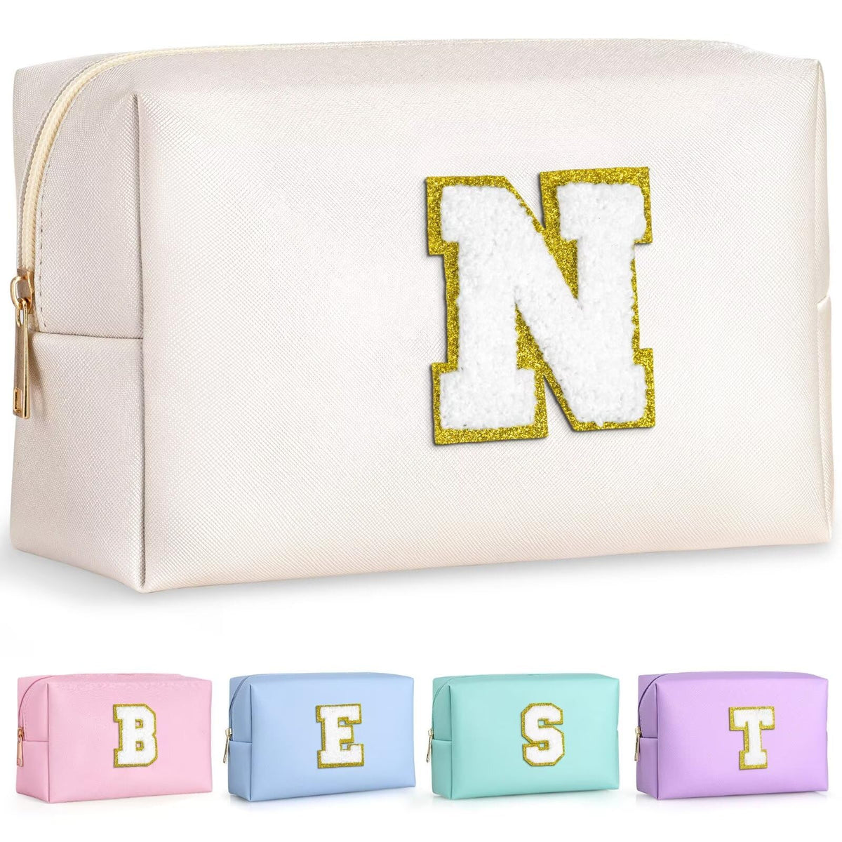 TOPEAST Preppy Stuff Cute Makeup Bag Small Cosmetic Bag Travel Toiletry Bag, Personalized Birthday Wedding Gifts for Mom Teacher Friends Bridesmaids, Preppy Travel Stuff for Girls (Pearly White N)