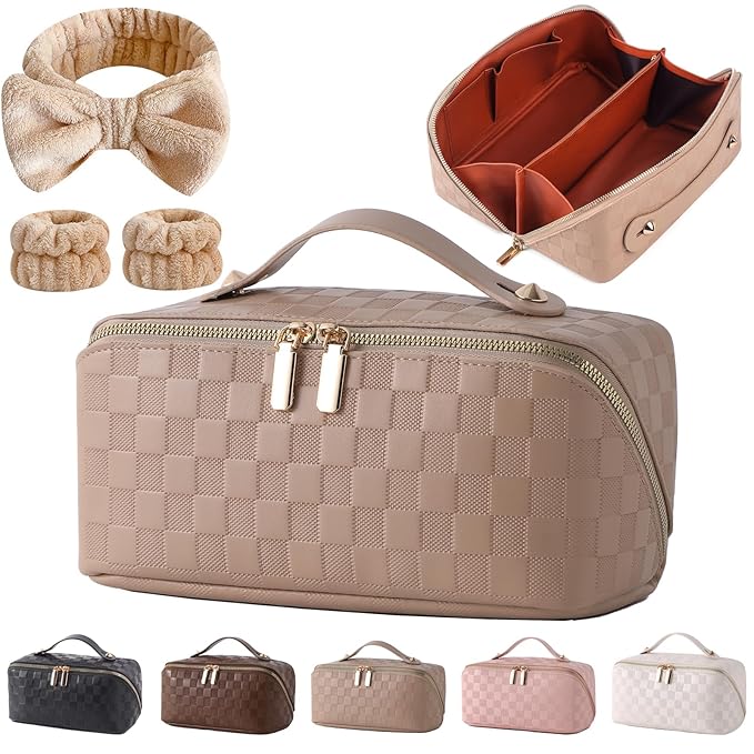 Cuteseason PU Leather Makeup Bag for Women, Structured Makeup Case with Wide Opening, Travel Cosmetic Bag with Compartments and Handle, Water-Resistant Makeup Organizer(Khaki, Checkered Grain)