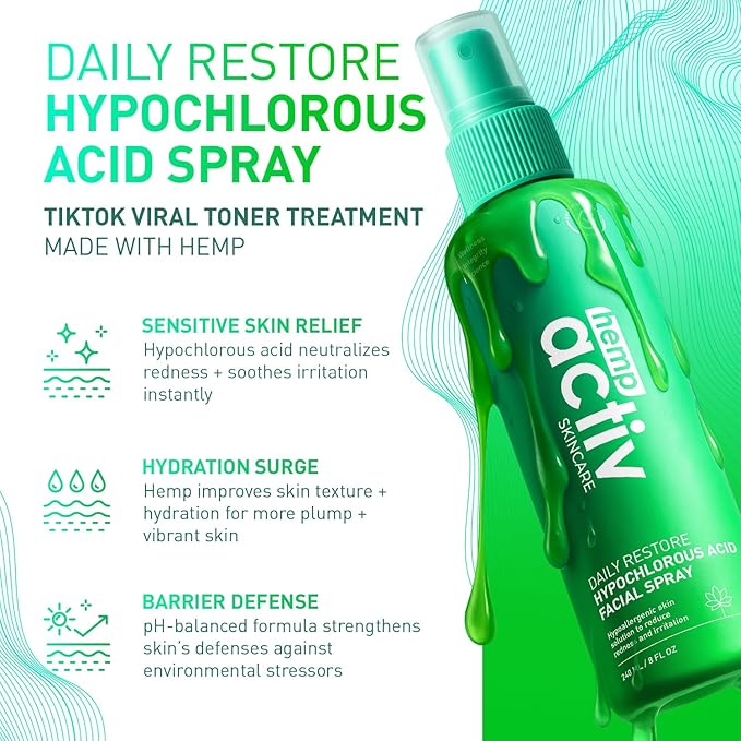 HEMPACTIV Hypochlorous Acid Spray for Face & Skin – Post-Workout Gentle HOCL Facial Cleanser for All Skin Types – After Workout Face Spray, Body Mist – Hydrating, Soothing & Calming Skincare – 8 Fl Oz