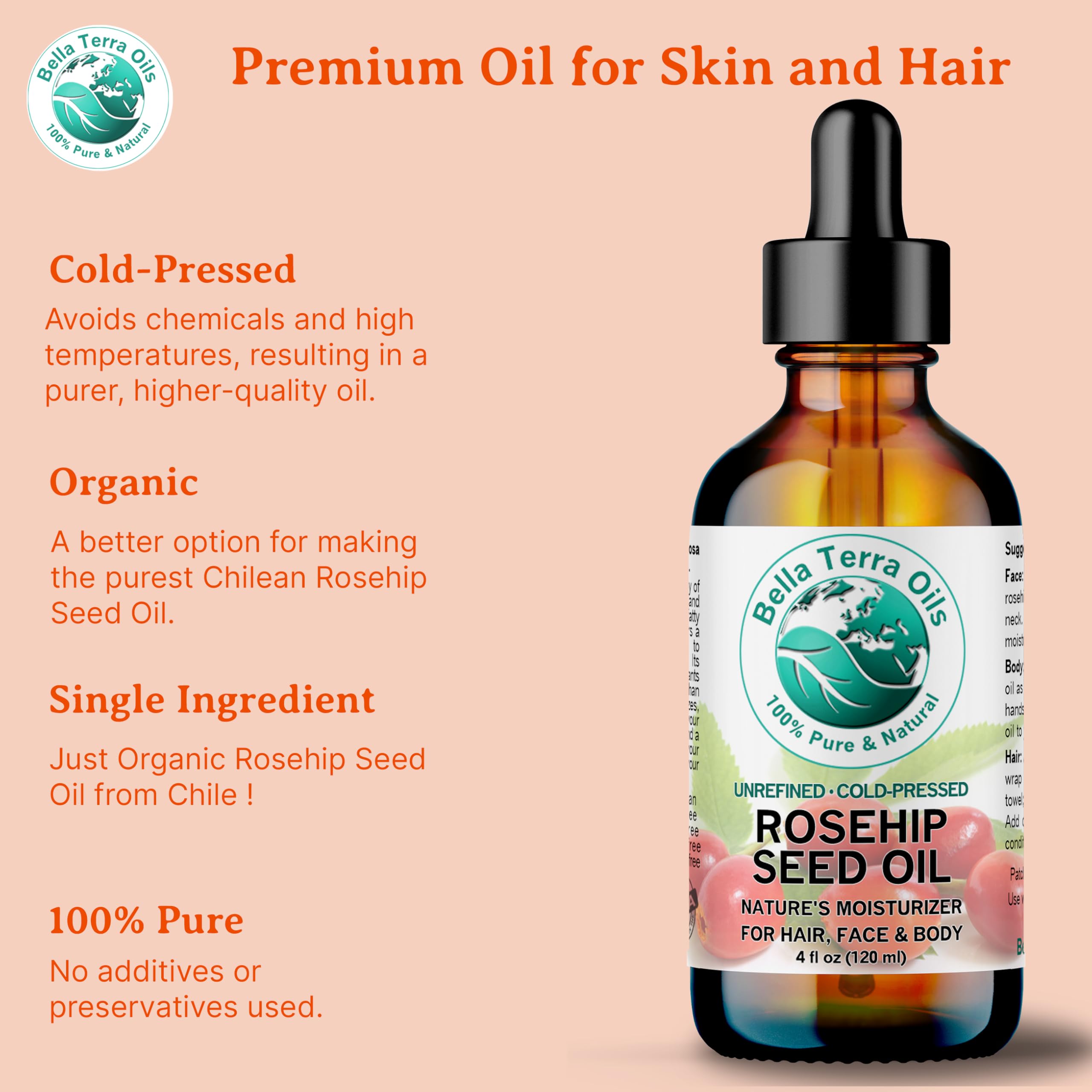 Bella Terra Oils - Organic Rosehip Oil 4 oz - Hailing from the Finest Rosa Mosqueta, Abundant in Omega-6 & Omega-3 Fatty Acids, Pure Radiance for Face