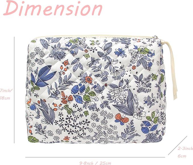 Quilted Makeup Pouch for Women, Travel Cosmetic&Toiletry Bag,Leaf White