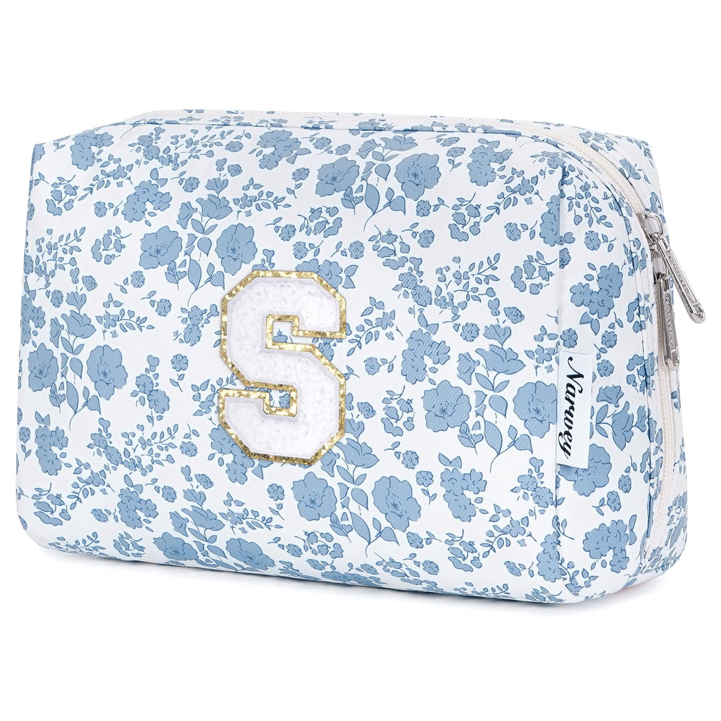 Narwey Birthday Gifts for Teen Girls Kids Women Personalized Initial Floral Makeup Bag Cute Cosmetic Trendy Stuff 6 8 10 11 12 13 14 16 18 Years Old Travel Toiletry Bag (Little Blue Flower S)