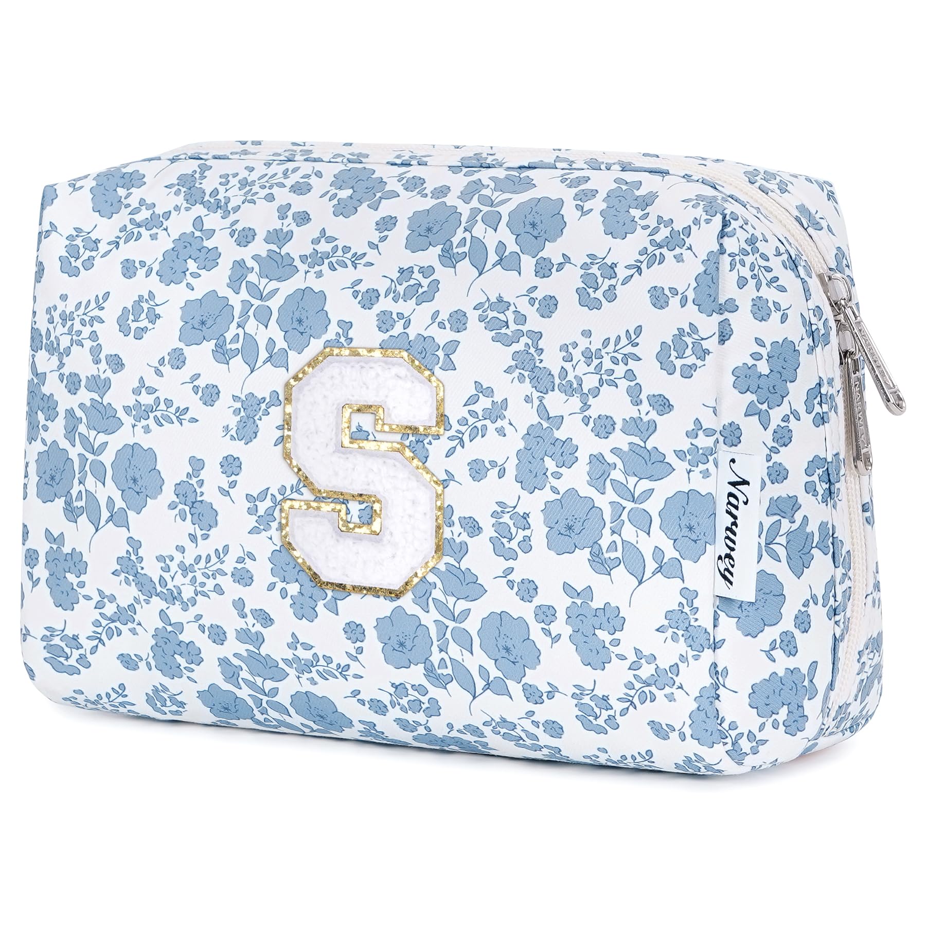 Narwey Birthday Gifts for Teen Girls Kids Women Personalized Initial Floral Makeup Bag Cute Cosmetic Trendy Stuff 6 8 10 11 12 13 14 16 18 Years Old Travel Toiletry Bag (Little Blue Flower S)
