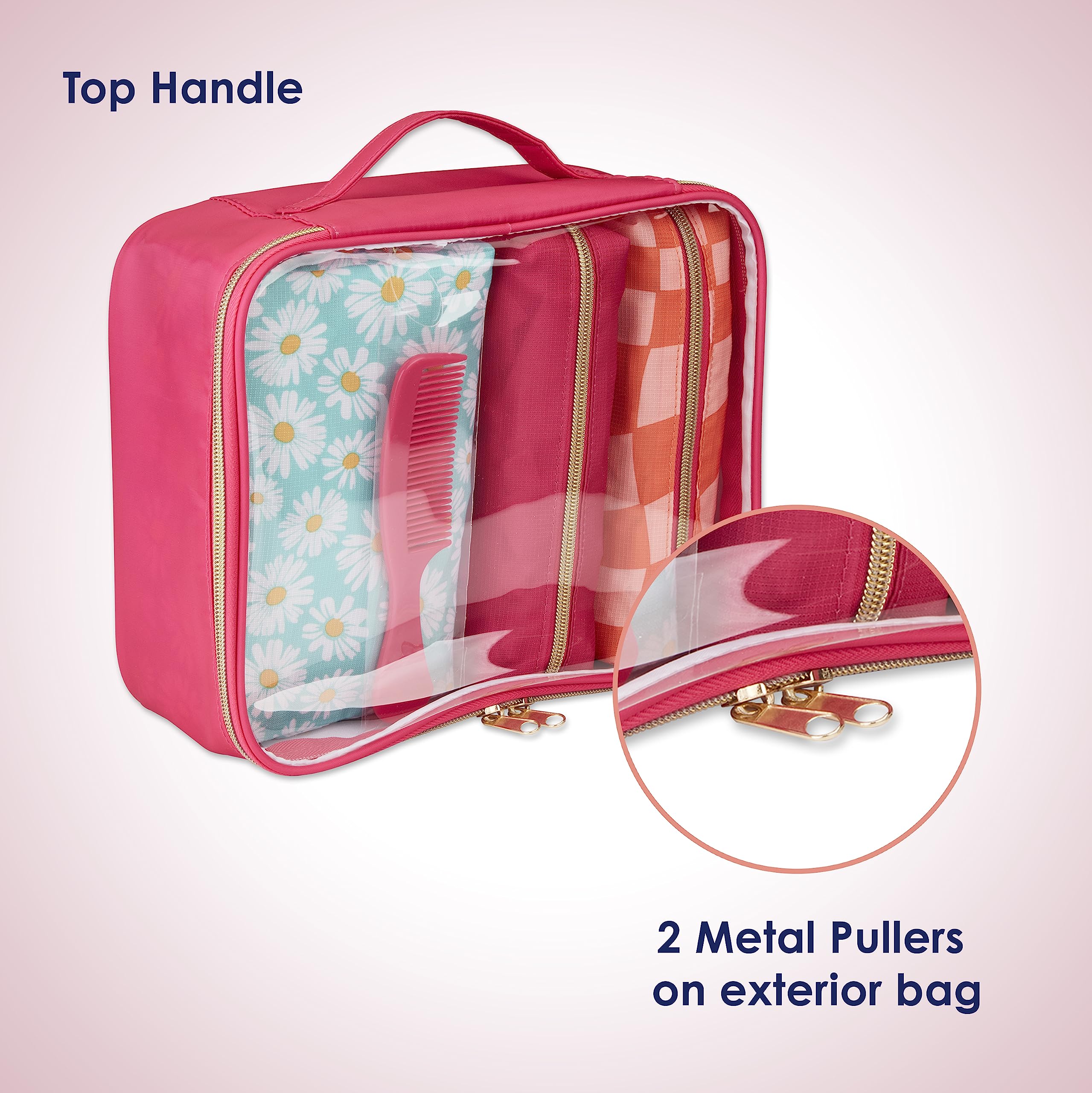 Conair 5 Piece Toiletry and Cosmetic Bag Set Under $30, Includes 4 Makeup Bags and 1 Travel Comb in Pink and Daisy Prints
