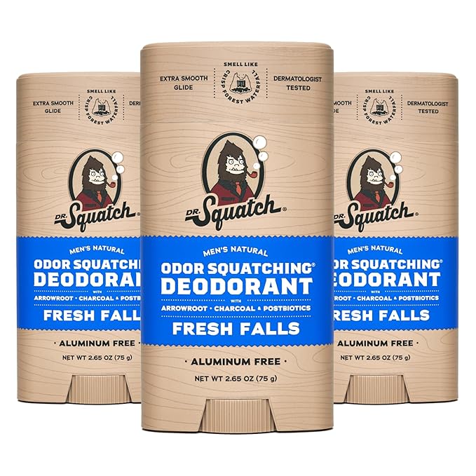 Dr. Squatch Natural Men’s Deodorant – Aluminum Free Natural Deodorant Men with Charcoal & Postbiotics for 72-Hour Odor Protection – Fresh Falls, 2.65oz Stick (3-Pack)
