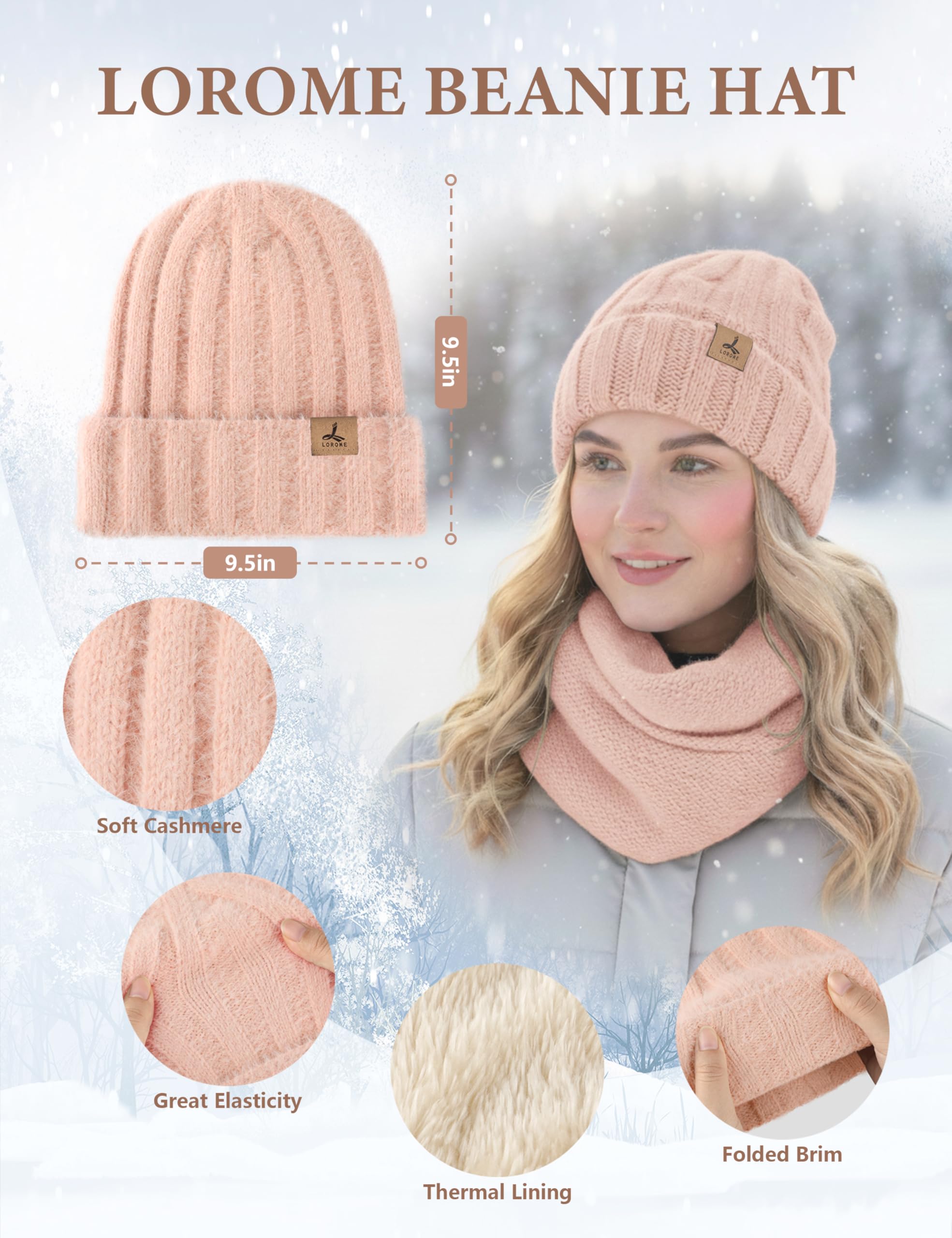 LOROME Winter Beanie Hat Gloves Scarf, Cashmere Hat Gloves Scarf Set Women