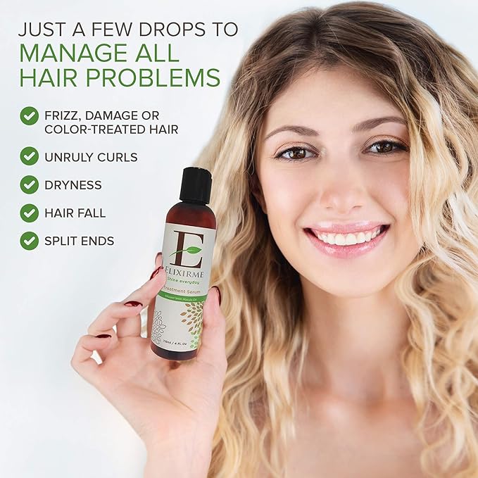 Elixirme-Anti Frizz Hair Treatment Serum For Damaged, Dry, Colored Hair. Add Shine, Protect, Rejuvenate, Strengthen and Restore. Infused with Marula, Avocado and Sweet Almond Oil- 4.oz