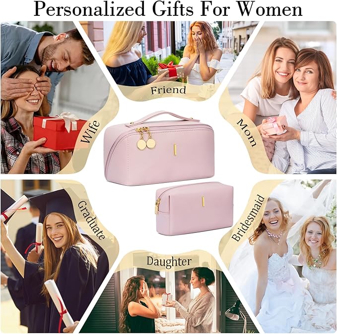 Birthday Gifts for Women Teen Girl, Personalized Initial Makeup Organizer Bag Set, Open Flat Travel Cosmetic Bag With Clear Divider and Handle(Pink,I)