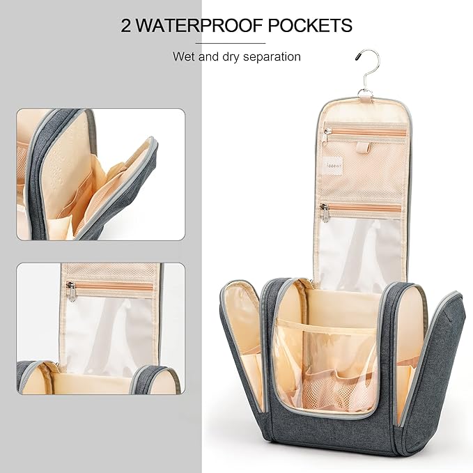 COOSKY Hanging Toiletry Bag for Women & Men, Cruise Ship Travel Essentials, Holds Full Size Shampoo, with Dry and Wet Separation Cosmetic Bag, Makeup Organizer Bag, Bathroom Water-resistant Bag, Grey