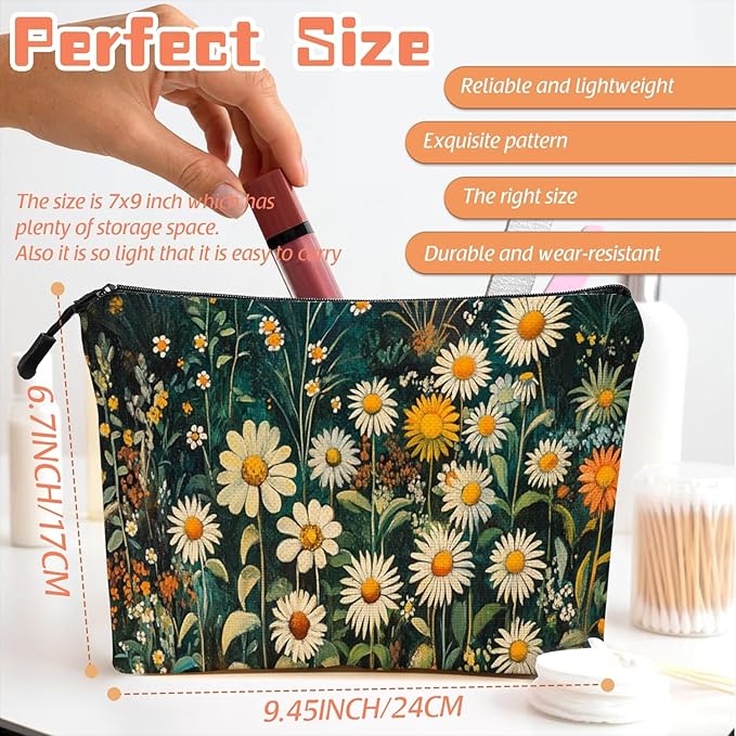 Scribesense Cosmetic Bags Travel Makeup Toilet Case Waterproof Pouch for Women Girls 6.7X9.45inches - White Daisies And Yellow Marigolds in Wild