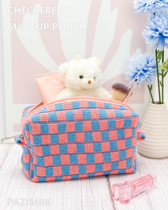Checkered Makeup Bag for Purse, Small Travel Cosmetic Pouch,Red Blue