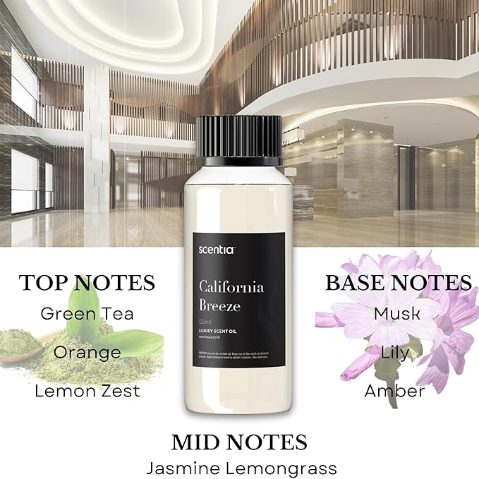Scentia California Breeze Diffuser Oil Refill – Hotel Fragrance Oil Inspired by Delano Beach Club – 120 mL – Orange, Green Tea & Jasmine Long-Lasting Scent for Ultrasonic & Waterless Diffusers