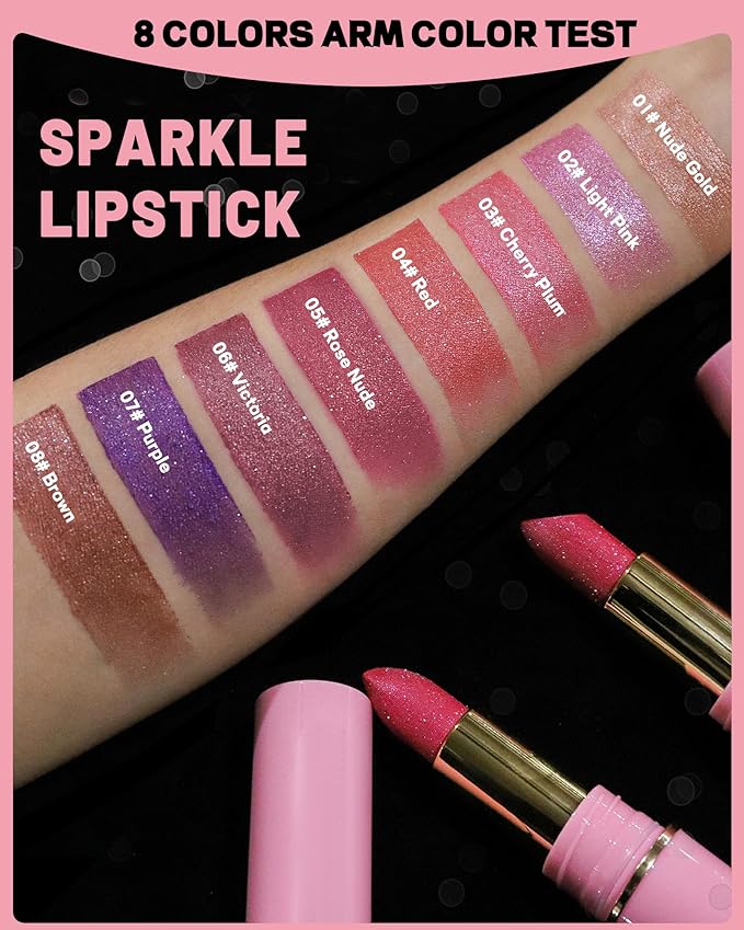 Glitter Metallic Ruby Red Shimmer Lipstick Long Lasting,Glitter Diamond Shine Nude Lipstick Transfer Proof Non-Stick Lip Gloss Shimmer Highly Pigmented Full Coverage Lip Makeup for Women-04