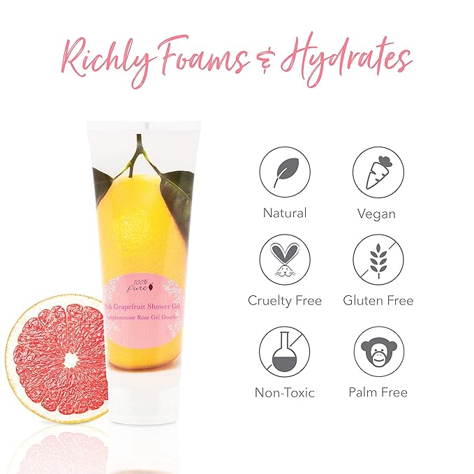100% PURE Pink Grapefruit Shower Gel Natural Foaming & Hydrating Body Wash