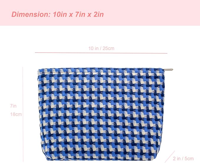 Flat Makeup Bag for Women,Zipper Cosmetic Pouch for Purse,Grid Lake Blue