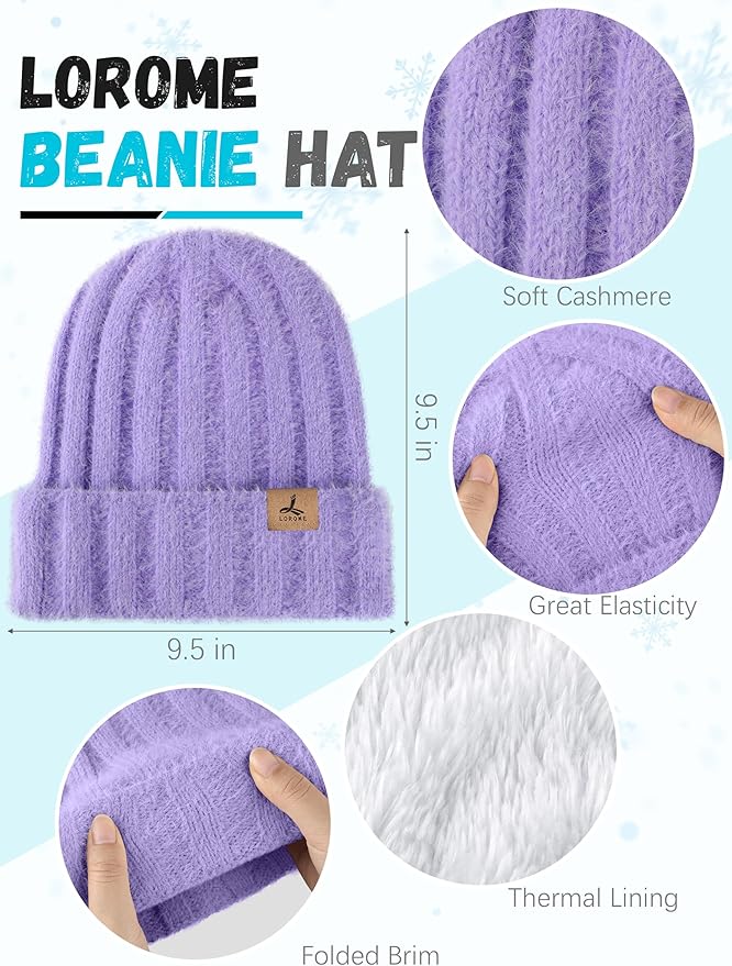 LOROME Winter Beanie Hat Gloves Scarf, Cashmere Hat Gloves Scarf Set Women