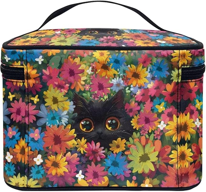 Drydeepin Black Cat Colorful Flowers Pattern Travel Makeup Bag for Women Large Capacity Cosmetic Bag with Zipper and Handle Portable Toiletry Bag Make Up Organizers