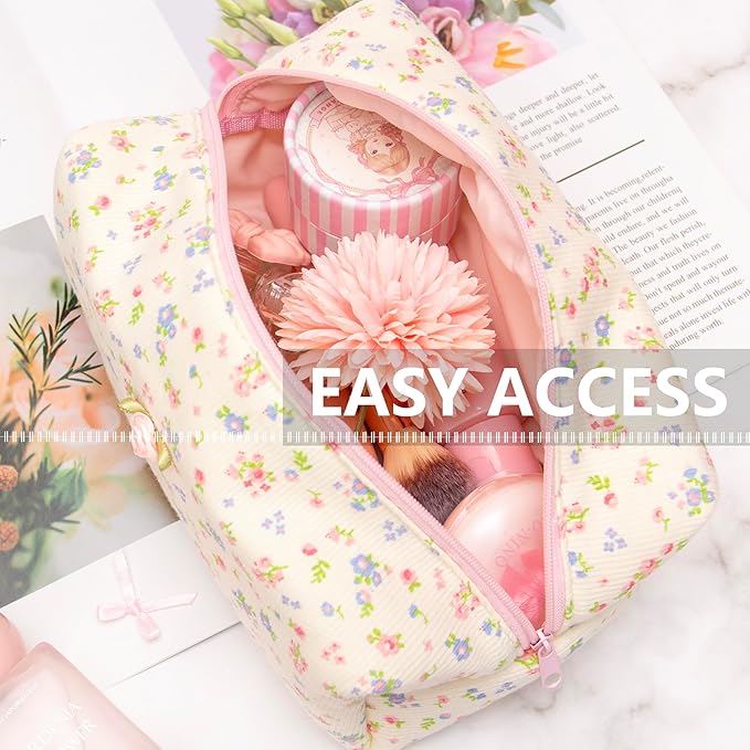 Cozy Makeup Bag for Women,Zipper Cosmetic Pouch,Ribbing Beige Floral
