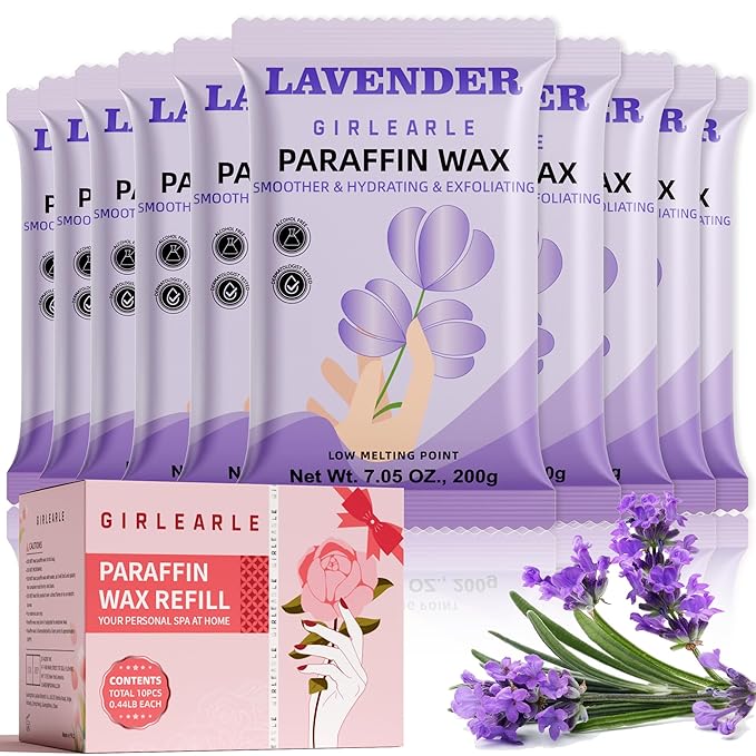 GIRLEARLE Paraffin Wax Refills 10 Packs for Paraffin Wax Bath Machine - for Dry Cracked Skin on Hands, Feet, Elbows - Moisturizing Hydration to Relieve Stiff Muscles & Joints (Lavender)