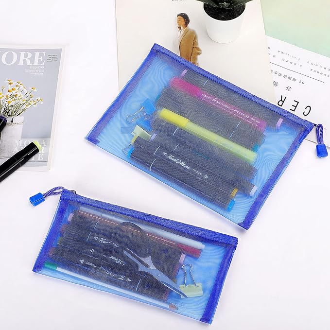Sinzip 12 Pieces Zipper Nylon Mesh Pouch, Mesh Cosmetic Bags Makeup Bags Pencil Case, Multipurpose Travel Bags for Cosmetic School Office Supplies and Travel Accessories (Blue, A5) (WB06)