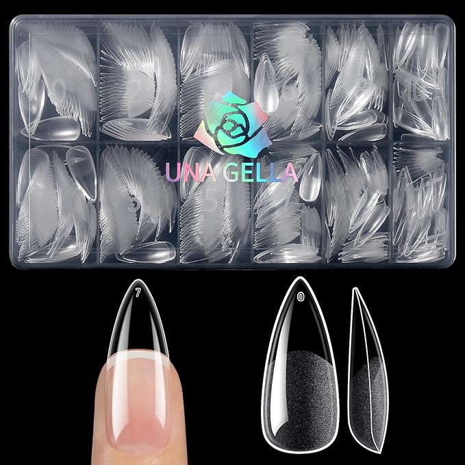UNA GELLA 600Pcs Medium Stiletto Gel Nail Tips, Pre Etched Medium Stiletto Press on Nails & Sharp Almond Shape Full Cover Soft Gel Nails Tips for Nail Extensions DIY Art Salon 12 Sizes at Home