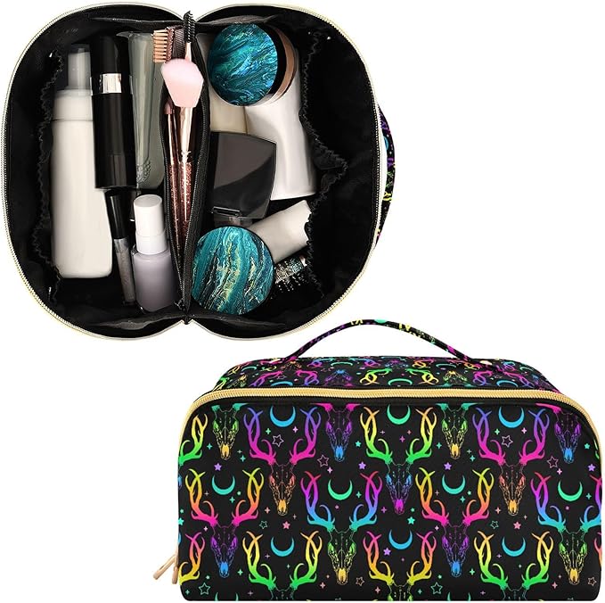 MNSRUU Makeup Organizer Bag, Bright Deer Skulls Travel Makeup Bags Makeup Vanity Case Large Capacity Rhombus Cosmetic Toiletry Bag for Girl Women Ladies