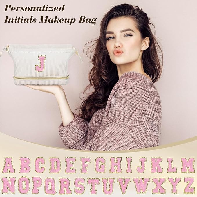 Makeup Bag for Girls Gift, Personalized Valentines Day Gifts Initial Women Makeup Bag for Travel, Double Layer Cosmetic Bag with Brush Organizer Preppy Make up Bag for Teen Girl Trendy - L