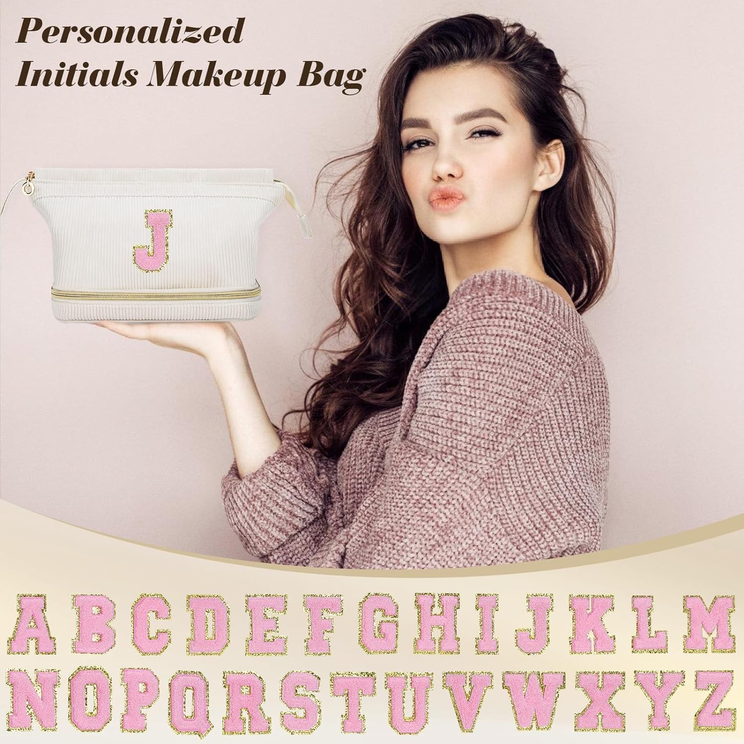 Makeup Bag for Girls Gift, Personalized Valentines Day Gifts Initial Women Makeup Bag for Travel, Double Layer Cosmetic Bag with Brush Organizer Preppy Make up Bag for Teen Girl Trendy - L